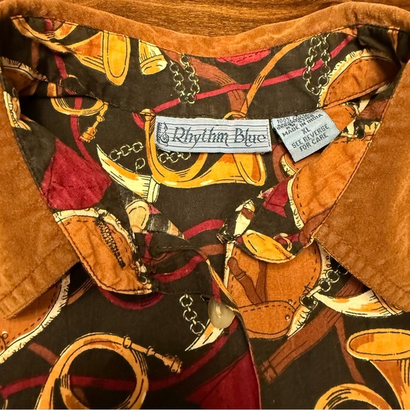 Vtg 90s Rhythm Blue Equestrian Shirt Fx Velvet Collar Horse Saddle Horn Print XL - Picture 5 of 15